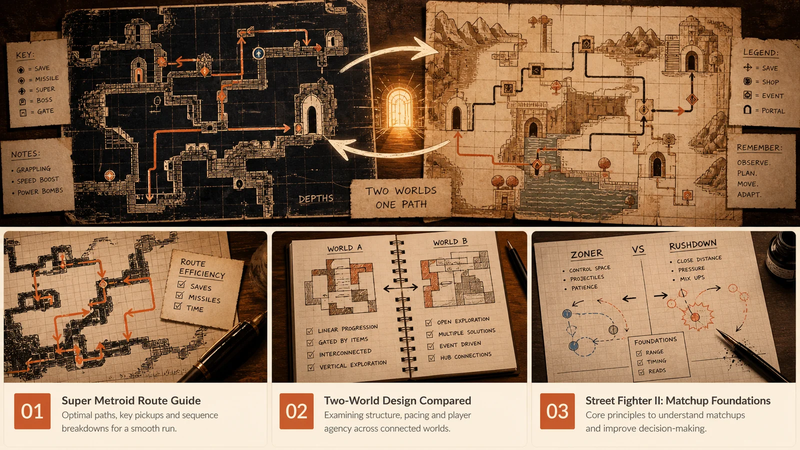 Original editorial illustration of two connected map grids with contrasting paths, doorway symbols and hand-drawn route arrows, representing the two-world structure of The Legend of Zelda: A Link to the Past; not official game artwork.
