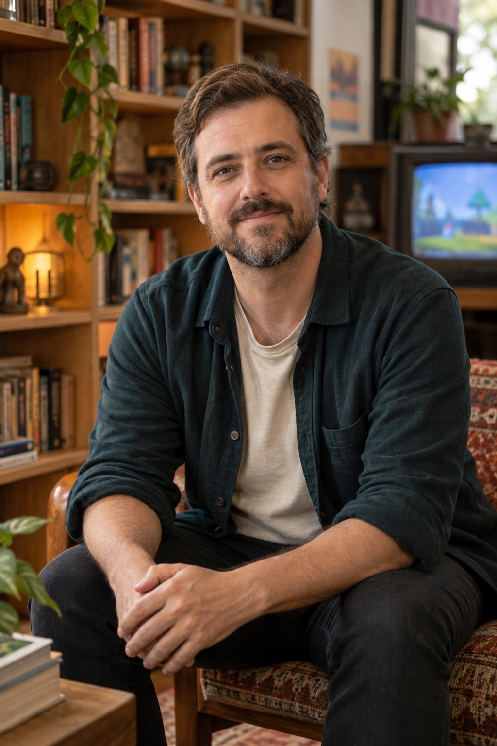 Daniel Mercer seated in a warm games reading corner