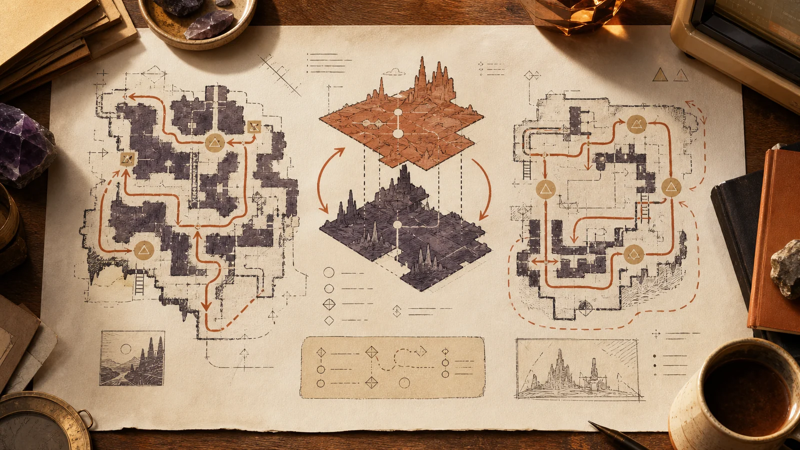 Original editorial illustration of an unbranded exploration map with terracotta route lines, sand-coloured ability markers and arrows showing possible backtracking paths